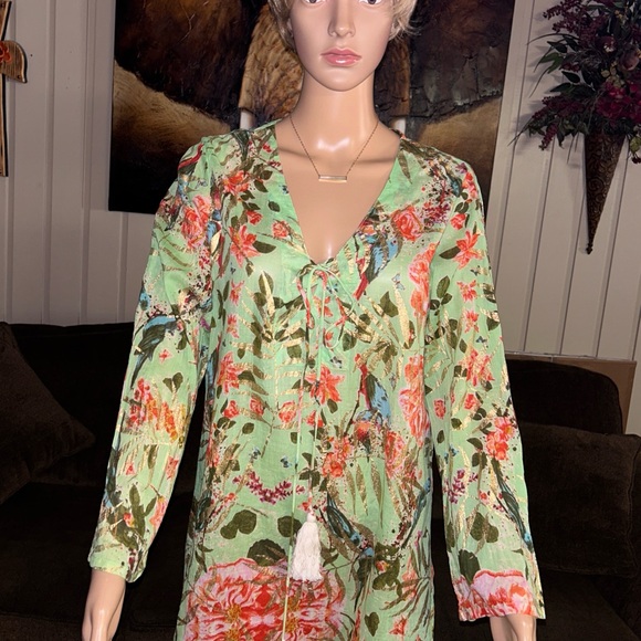 Caribbean Joe ~ Large ~ Green W/ Gold & Red Floral Tunic Swim Coverup Dress - Picture 6 of 15